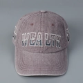Detail of vintage washed purple cotton baseball cap with 3D WEALTH embroidery - L (58-61cm) / Purple