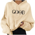 Mens casual beige hoodie with black Good Vibes print and front kangaroo pocket for fall - Khaki