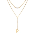 Elegant double-layered gold V letter necklace with a white pearl accent for women - Letter V Style (NC-1930G-V)