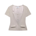 Elegante Vintage-Kurzarmbluse mit Karree-Ausschnitt und Taillierung in Hellkhaki - XS / Aprikose