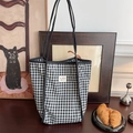 Classic black and white gingham canvas tote bag with sonaka beauté logo patch - Black Plaid