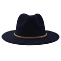 Detailed close-up of navy blue wool fedora hat featuring a stylish gold chain band accessory - Navy Blue (Gold Ring)