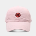 Close-up of pink cotton baseball cap with red circular embroidery featuring Chinese character - Adjustable / Pink