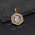 Two-tone gold and silver Greek coin hexagon pendant with portrait and dimensions - Hexagon Two-tone Portrait Zircon Pendant (H-11879)