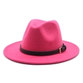 Detail of rose red wool fedora hat featuring a black leather band with gold buckle accent - Rose Red