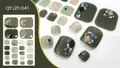 Autocollants ongles de pieds imperméables vert foncé et gris avec paillettes et nacre - QYJ21-041 (Série Verte/Paillettes Or-Argent/Paillettes)