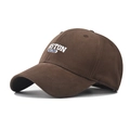 Detailed view of white Boston 1990 embroidery on dark brown cotton baseball cap - Adjustable / Coffee