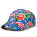 Blauwe baret met levendige roze en oranje pioenroosprints in een etnische bloemenstijl - Verstelbaar / Blauw