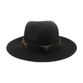 Chapeau de paille noir avec ruban ethnique en cuir et ornement crâne de taureau - Noir