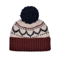 Détail du bonnet en tricot vintage montrant les vagues jacquard et le pompon - Bordeaux