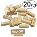 Detailed view of twenty cylindrical wooden card holders with a Welcome sign - Cylindrical Wood Base Style (JM01972)