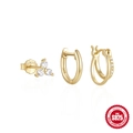 Driedelige set van vergulde S925 zilveren oorbellen met klaverknopjes en kleine ringen - Drie-steen Knop & Hoops Set / Goud