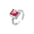Detail of silver wavy ring featuring a square red gemstone in a four-prong setting - Hammered Red Rhinestone Style (VJ559 Platinum Red)