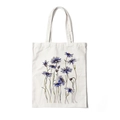Floral aesthetic printed canvas tote bag in cream white with blue botanical illustration - Style C-Blue Flower