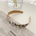French vintage floral fabric headband with colorful pattern on newspaper background - Green Floral