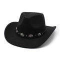 Classic black wool fedora hat with silver metal studs on leather belt, western cowboy style - M(56-58cm) / Black