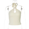 Detail of cream halter top featuring a stylish metal ring buckle and slim-fit ribbed fabric - S / Apricot
