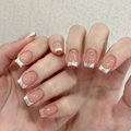 Classic French press-on nails with nude pink base and metallic silver tips on square oval shape - Glue Style (JP3228)
