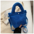 Blue corduroy bucket bag with plush texture, dual handles and adjustable shoulder strap - Klein Blue