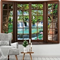 Tapiz de paisaje bosque con cascada y vista de ventana 3D para decoración de pared - 150x130cm / Patrón 4 (Cascada y ciervo)