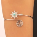 Silver arm cuff featuring a sunburst design with turquoise stone and spiral band - Silver Tone with Blue-Green Stone (4743)