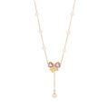 Elegant gold bow necklace with pink heart gems and white pearls on a fine chain - 1# Necklace