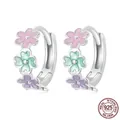 S925 sterling silver hoop earrings with three colorful enamel flowers in pastel tones - Colorful Flower (SCE1719)