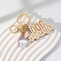 Detail of wooden DOG mama pendant with white tassel and pet enamel charms on gold ring - White Tassel + Maltese/Bichon