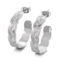 Silver twisted texture C-shape earrings in polished stainless steel with woven pattern - Steel