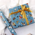 Dark blue forest animal gift wrap paper with cartoon fox and owl prints and gold ribbon - Little Fox Cat Owl; 80g Coated Paper