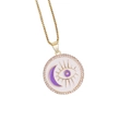 Detail of gold moon and eye enamel pendant with cubic zirconia and a delicate chain - Purple