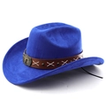 Vue détaillée d'un chapeau de cow-boy bleu roi avec ceinture en cuir brun et boucle tête de taureau - M (56-58cm) / Bleu saphir