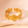 18k gold plated stainless steel open ring with sunburst pattern on beige stone - Continuous Flower Style (20) / Gold