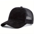 Black solid color trucker hat with breathable mesh and classic curved brim style - Black