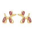 Detail of cute balloon dog stud earrings with golden finish and purple zirconia stones - Rose Red