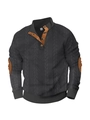 Detail van donkergrijze kabelgebreide trui met Henley-knopen en bruine elleboogstukken - S / donkergrijs