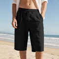 Men's solid black linen drawstring shorts for summer beach and casual daily wear - S / Black