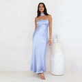 Detail of light blue satin dress featuring a halter neck and sleek sleeveless design - S / Light Blue