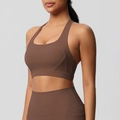 Close-up of chocolate brown brushed fabric sport bra with high-waist yoga leggings - S / Chestnut Brown