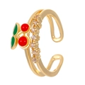 Detail of gold double-band cherry ring with red enamel and sparkling cubic zirconia - Adjustable Open / Gold Double Ring Cherry