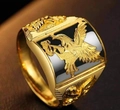 Golden men's ring featuring an eagle relief with black and white enamel background - Adjustable Open / Golden Eagle Relief