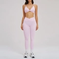 Roze geborstelde yogaset met legging met hoge taille en sportbeha met dunne bandjes - S / Kersenbloesemroze