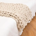 Hand-knitted beige chenille chunky yarn blanket with soft thick texture on bed - 25*100cm / Khaki White