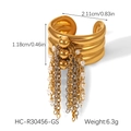 Detail of 18K gold stainless steel ring with pearl chain tassels and size dimensions - Long Tassel Open Style (HC-R30456-GS)