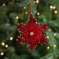 Red flocked snowflake Christmas ornament with gold beads for festive tree decoration - Red Flocked Snowflake