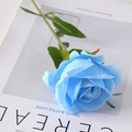 Single long stem artificial blue velvet rose with green leaves for wedding home decoration - Sky Blue