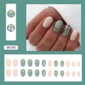 Short oval sage green press-on nails with matte pink, gold stripes and floral rabbit art - Retro Matcha Green (W590)