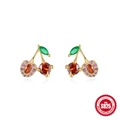 S925 sterling silver cherry earrings with red gemstone fruits and pink crystal halo - 925 Silver / Pave Cherry (Gold#6)