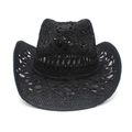 Detailed view of black breathable woven straw western cowboy hat with wide upturned brim - Black