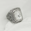 Vintage Viking style silver ring for men featuring a large rectangular clear gemstone - US 7 / Steel + White Stone
